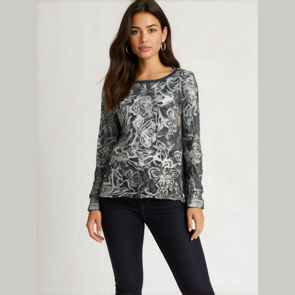 BKE Top‎ Woman's XL Mesh Sheer Floral Long Sleeve Black White - Picture 1 of 13